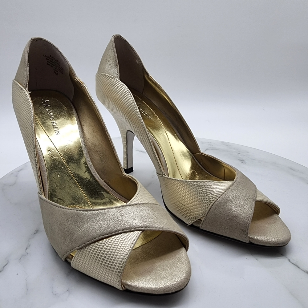 Aus 7 Anne Klein Gold Metallic Leather Open Toe Heels - Picture 7 of 16
